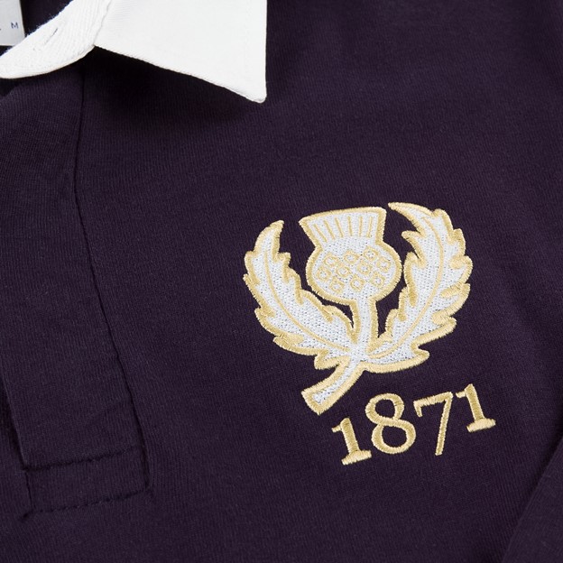 Scotland Kids Rugby Shirt - Long Sleeve Retro Jersey With Collar, Sizes 22-33, Navy/White, Polyester/Cotton Blend