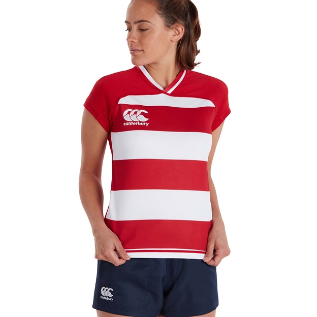 Canterbury Womens Teamwear Hooped Evader Rugby Shirt Red/White -