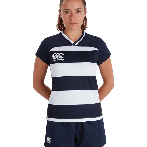 Canterbury Womens Teamwear Hooped Evader Rugby Shirt Navy/White 