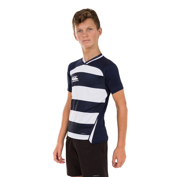 Canterbury Teamwear Hooped Evader Rugby Shirt Navy/White Youths 