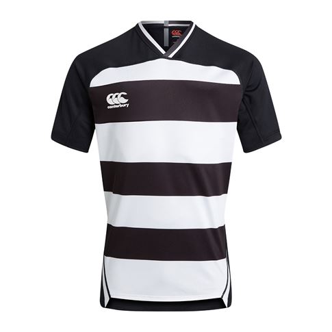 Canterbury Teamwear Hooped Evader Rugby Shirt Black/White - Fron Canterbury Teamwear Hooped Evader Rugby Shirt Black/White - Fron