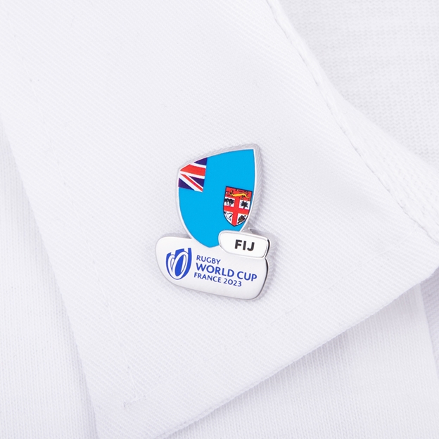 Rugby World Cup 2023 Fiji Flag Pin Badge - On a Shirt