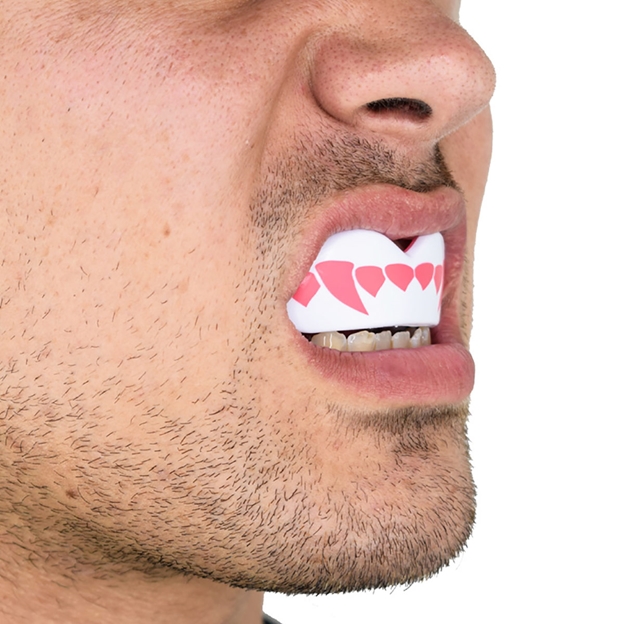 SafeJawz Pink Fangz Mouthguard - Model Side