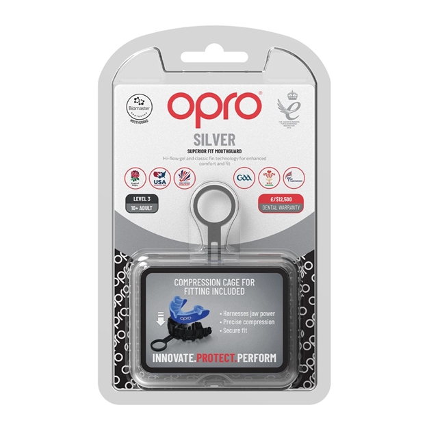 Opro Silver Mouthguard - Royal - Front Packaging