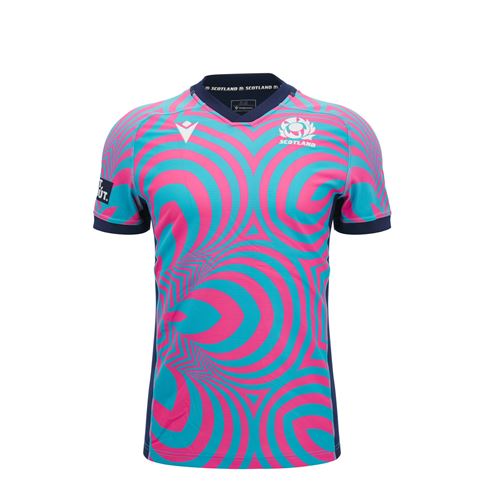Scotland Kids Training Rugby Shirt 26/27 Neon Pink and Blue - Front View