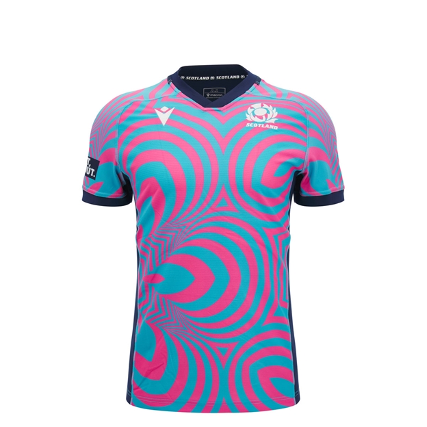 Scotland Kids Training Rugby Shirt 26/27 Neon Pink and Blue - Front View