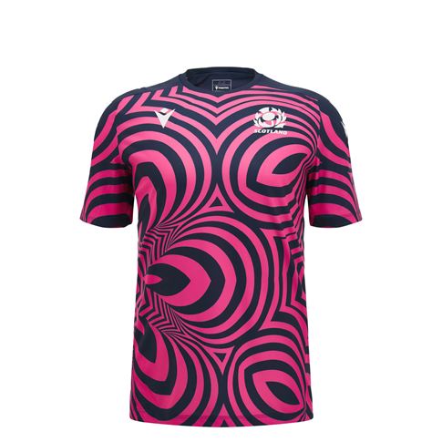 Scotland Kids Warm Up Rugby Shirt 26/27 Neon Pink and Navy - Front View