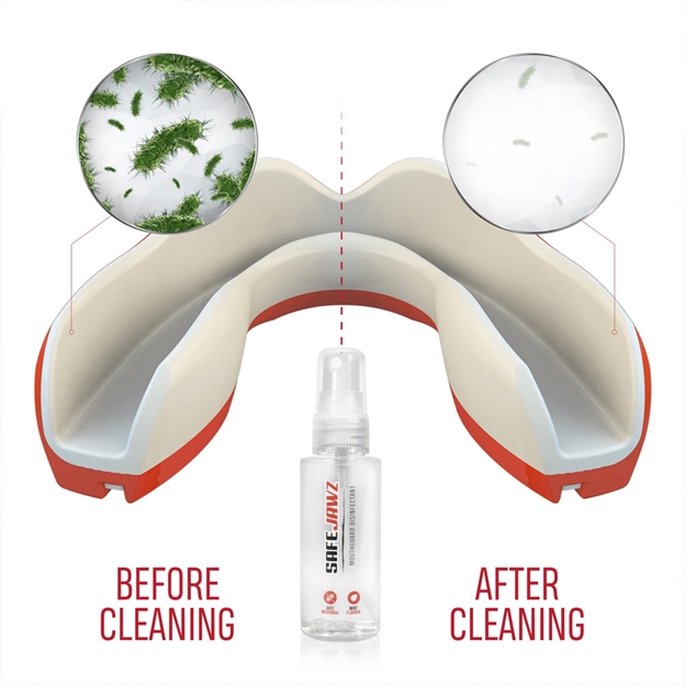 SafeJawz Anti-Microbial Mouthguard Sanitiser - Before After