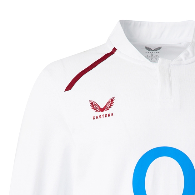 England Mens Home Classic Rugby Shirt Long Sleeve 26/27 Brilliant White - Castore Logo Close-up