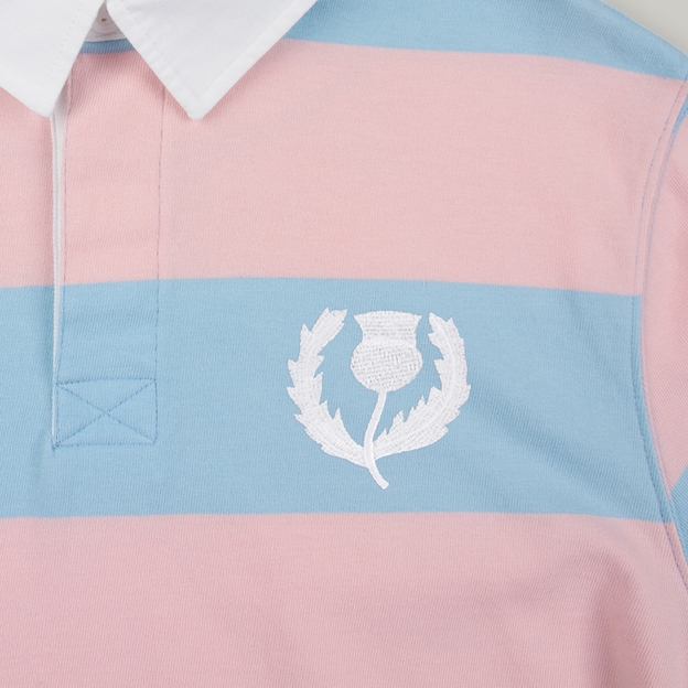 Scotland 1990 Adults Heritage Cotton Rugby Shirt Sky/Pink - Badge Close-up