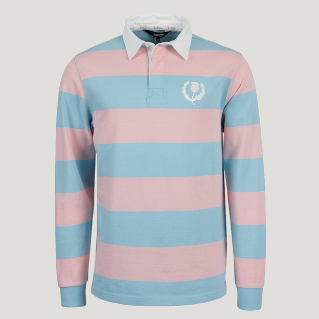 Scotland 1990 Adults Heritage Cotton Rugby Shirt Sky/Pink - Front View