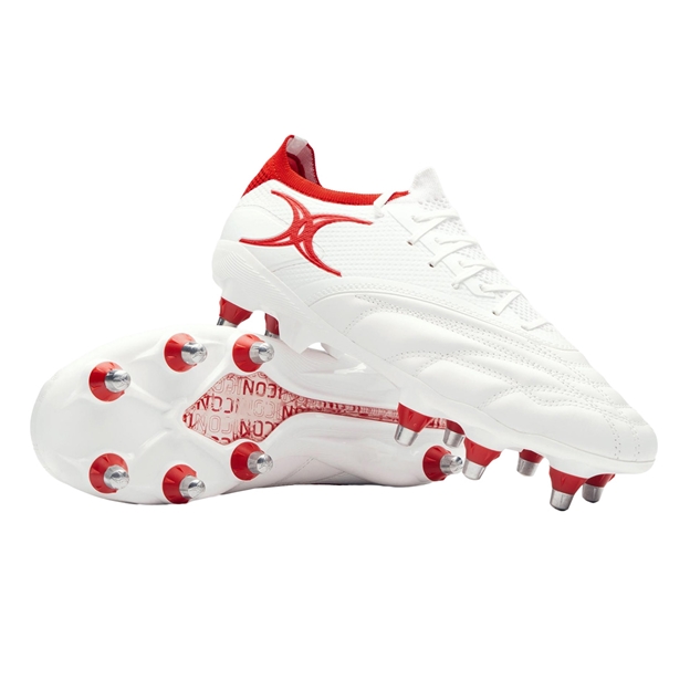 Gilbert Icon Players 8 Stud Soft Ground Rugby Boots White/Red - Front