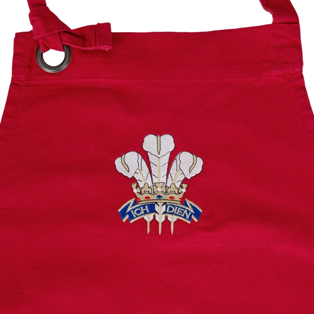 Wales Cotton Apron Red - Welsh Feathers Embroidery Close-up