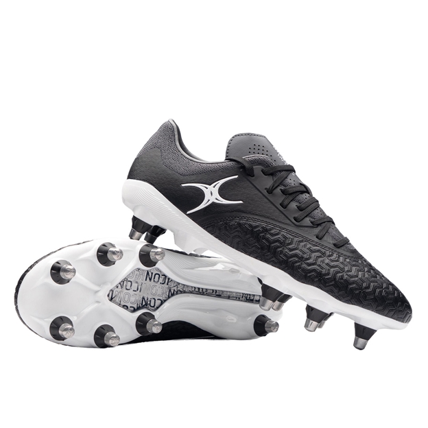 Gilbert Adults Icon Vapour 8 Stud Soft Ground Rugby Boots Black/Grey - Front View