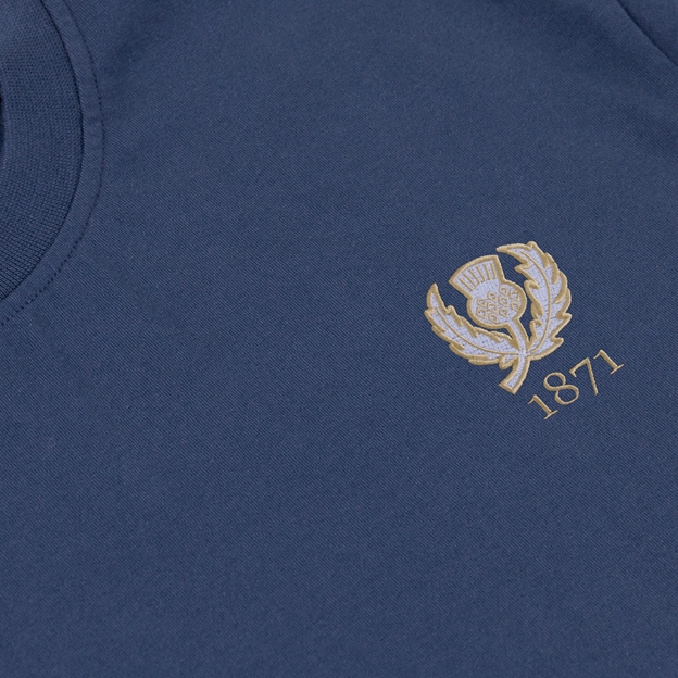 Scotland 1871 Adults T-Shirt Petrol Blue - Thistle Embroidery Close-up