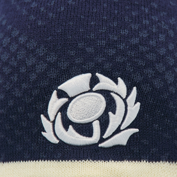 Scotland Skull Knit Beanie 26/27 Navy and Sand - SRU Thistle Close-up