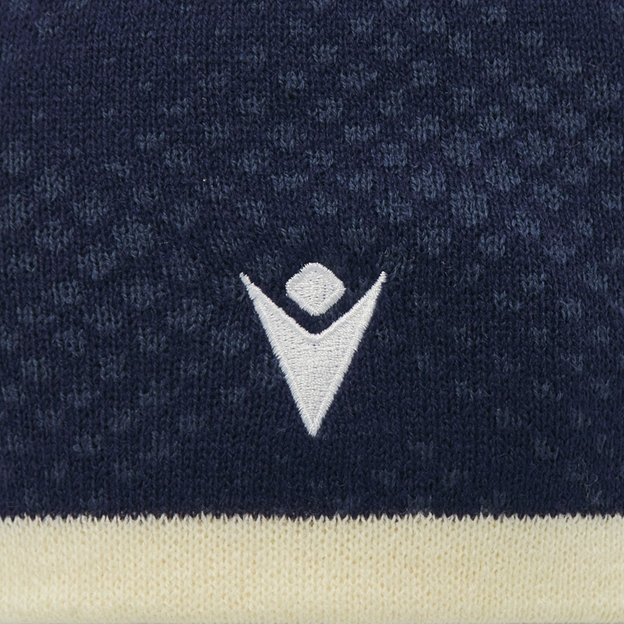 Scotland Skull Knit Beanie 26/27 Navy and Sand - Macron Logo Close-up