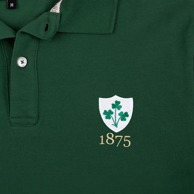 Ireland 1875 Adults Classic Cotton Polo Shirt Bottle Green - Badge Close-up