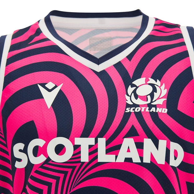 Scotland Mens Training Singlet 26/27 Navy and Neon Pink - Front Detail Close-up