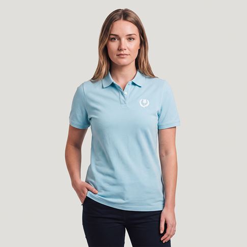 Scotland 1990 Adults Classic Cotton Polo Shirt Sky Blue - Female Model Front