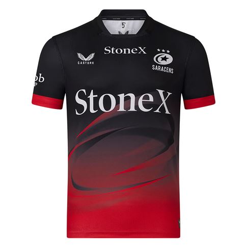 Saracens Mens Home Rugby Shirt 25/26 Black - Front View Saracens Mens Home Rugby Shirt 25/26 Black - Front View