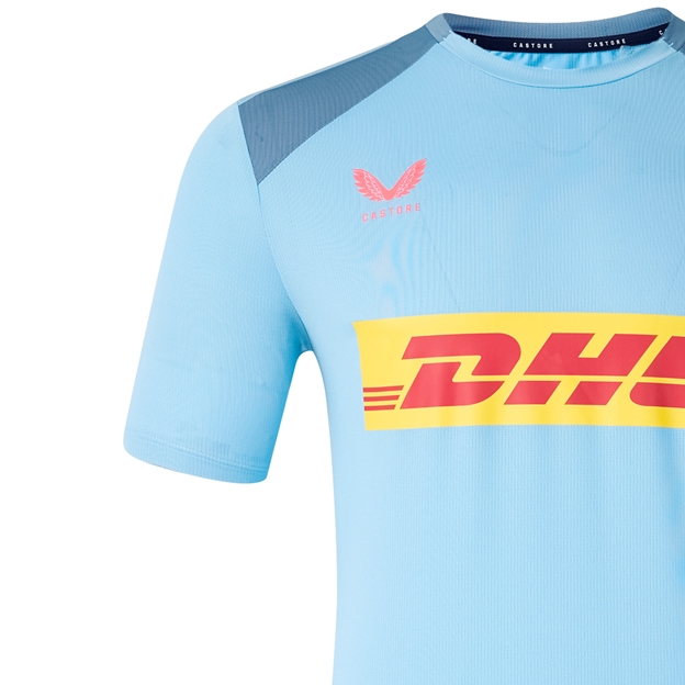 Harlequins Mens Performance T-Shirt 26/27 Glacier Lake and Blue Mirage - Castore Logo Close-up