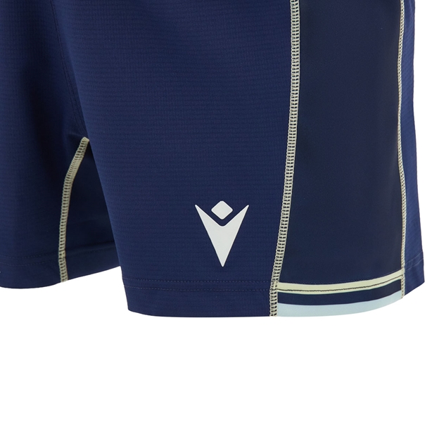 Scotland Mens Home Rugby Shorts 26/27 Navy and Sand - Macron Logo Close-up
