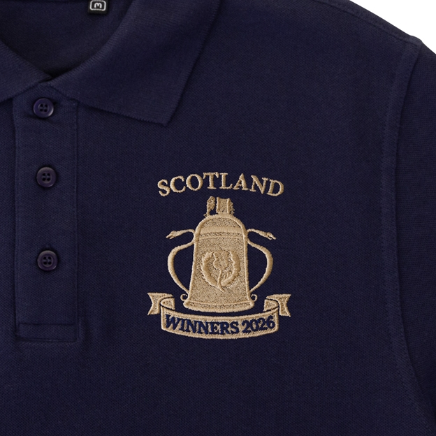 Scotland Mens Cup Winners 2026 Classic Polo Shirt Navy - Embroidery Close-up