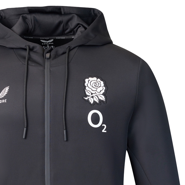 England Mens Off Pitch Full Zip Hoodie 26/27 Castore Black - RFU Rose Close-up