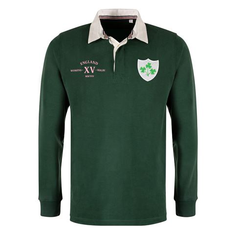 Ireland Adults Classic XV Heavyweight Rugby Shirt Long Sleeve Bottle Green - Front Ireland Adults Classic XV Heavyweight Rugby Shirt Long Sleeve Bottle Green - Front
