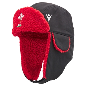 Wales Adults Trapper Fleeced Hat - Black & Red 2025 - Front