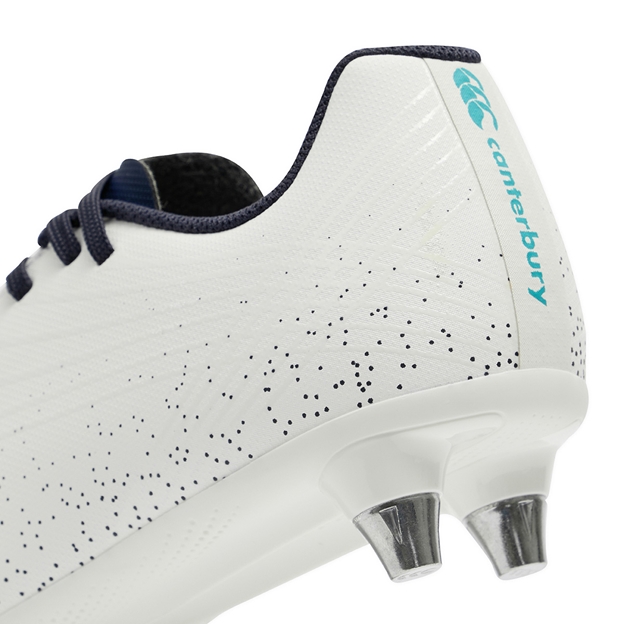 Canterbury Kids Stampede Groundbreak Team Soft Ground Rugby Boots White - Heel Close-up