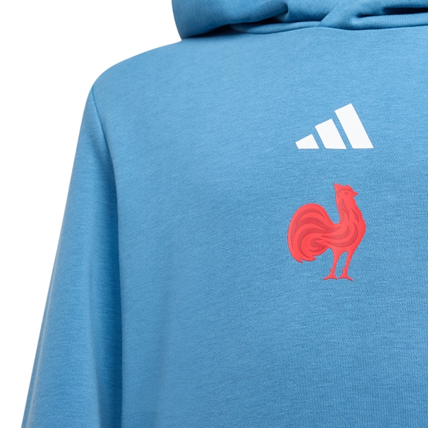 France Kids Travel Hoodie Lucid Blue 25/26 - FFR Logo Close-up