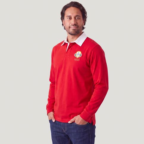 Portugal 1935 Adults Heritage Cotton Rugby Shirt Red - Model Front View