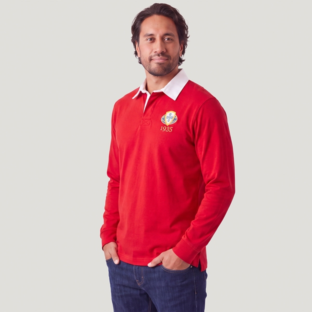 Portugal 1935 Adults Heritage Cotton Rugby Shirt Red - Model Front View