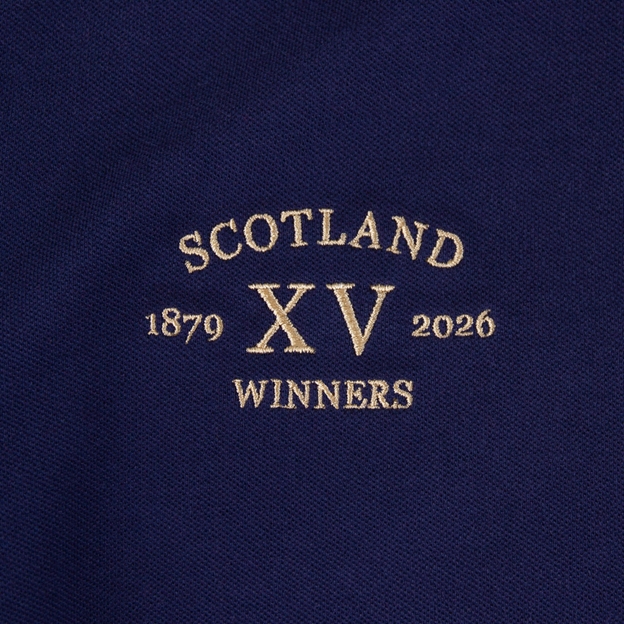 Scotland Mens Cup Winners 2026 Polo Shirt Navy - Winners Embroidery Close-up