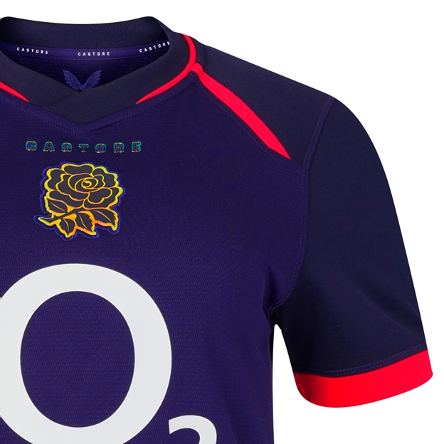 England Womens Away Rugby Shirt 26/27 Maritime Blue - RFU Rose Close-up