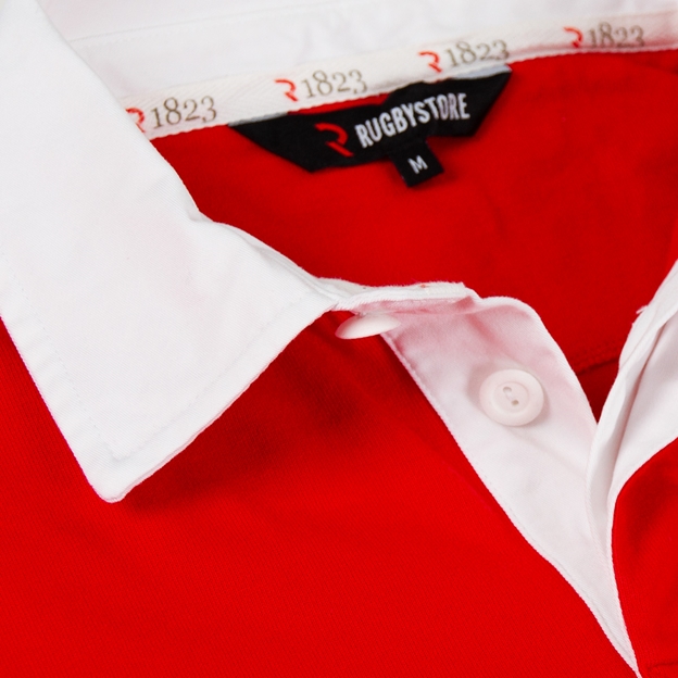 Hong Kong 1886 Mens Long Sleeve Rugby Shirt Red - Collar Close-up