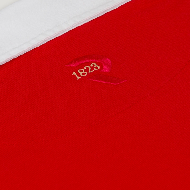 Hong Kong 1886 Mens Long Sleeve Rugby Shirt Red - Rugby 1823 Embroidery Close-up