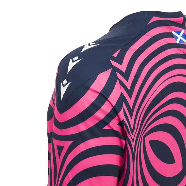 Scotland Mens Warm Up Rugby Shirt 26/27 Neon Pink and Navy - Sleeve Close-up