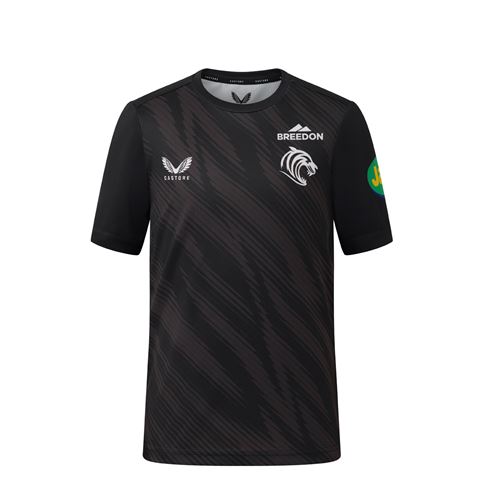 Leicester Tigers Kids Warm-Up Match Day T-Shirt 25/26 Black - Front Leicester Tigers Kids Warm-Up Match Day T-Shirt 25/26 Black - Front