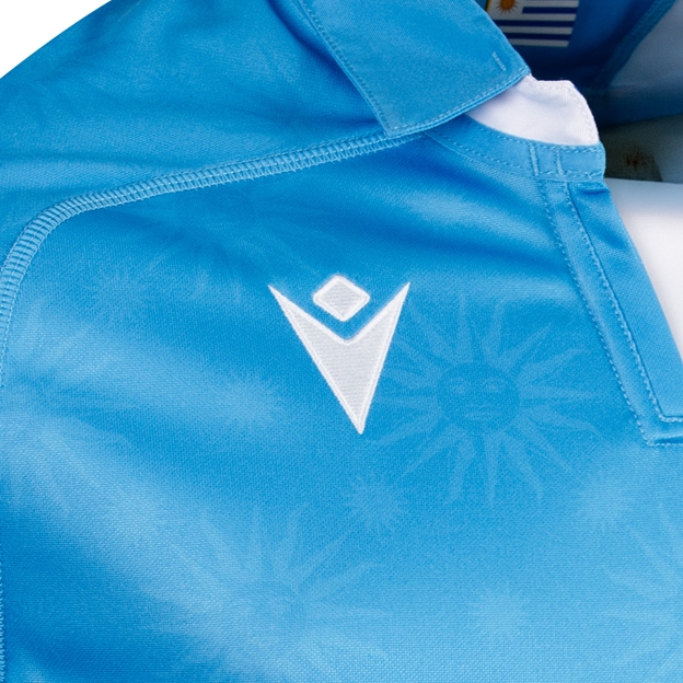 Uruguay Mens Home Rugby Shirt 26/27 Sky Blue - Macron Logo Close-up