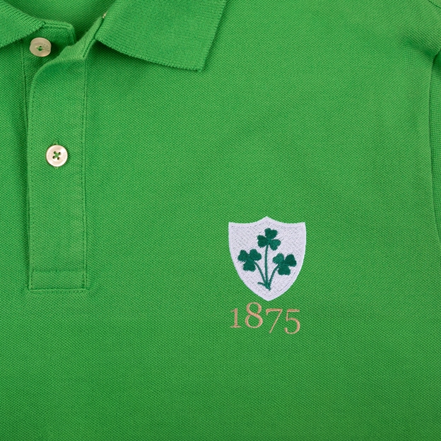 Ireland 1875 Adults Classic Cotton Polo Shirt Emerald Green - Badge Detail Close-up