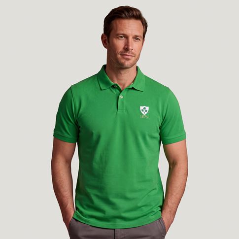 Ireland 1875 Adults Classic Cotton Polo Shirt Emerald Green - Model Front View