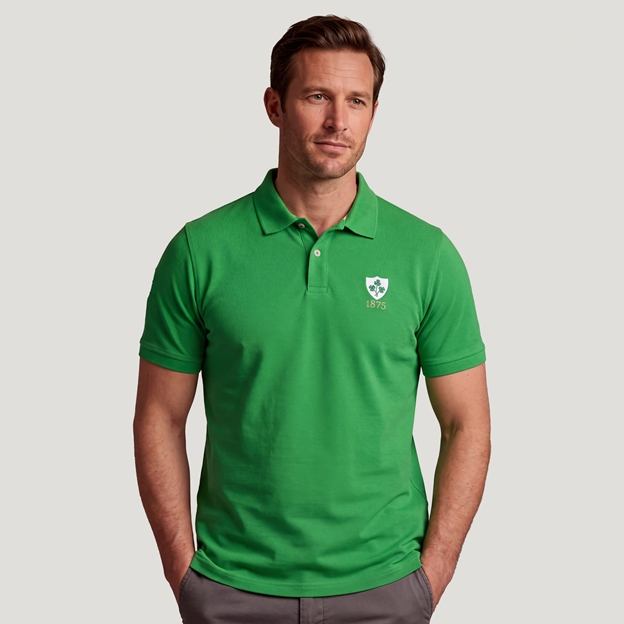 Ireland 1875 Adults Classic Cotton Polo Shirt Emerald Green - Model Front View