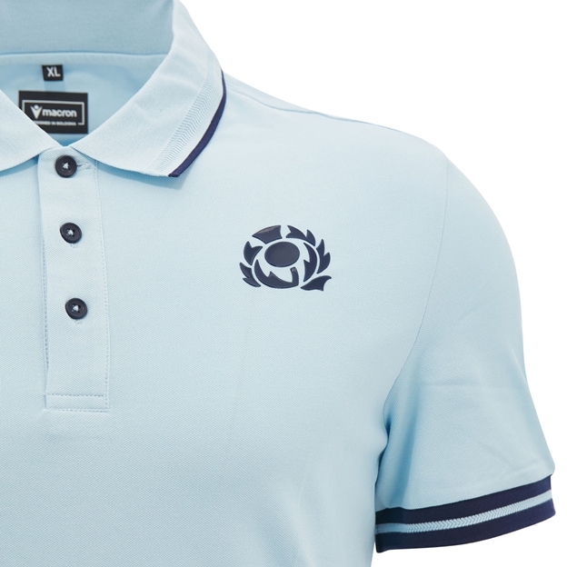 Scotland Mens Travel Fitted Cotton Polo 26/27 Blue and Navy - SRU Thistle Close-up