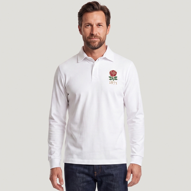 England 1871 Adults Heritage Cotton Rugby Shirt White - Model Front Main View