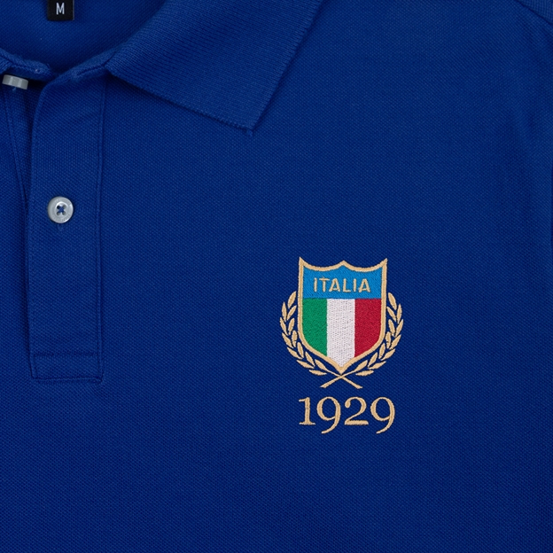 Italy 1929 Adults Classic Cotton Polo Shirt Royal Blue - Badge Close-up