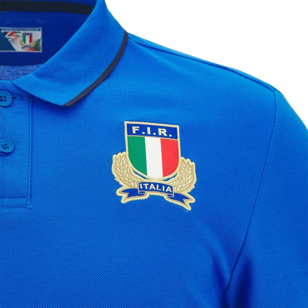 Italy Mens Home Cotton Rugby Shirt 26/27 Blue - FIR Logo Close-up