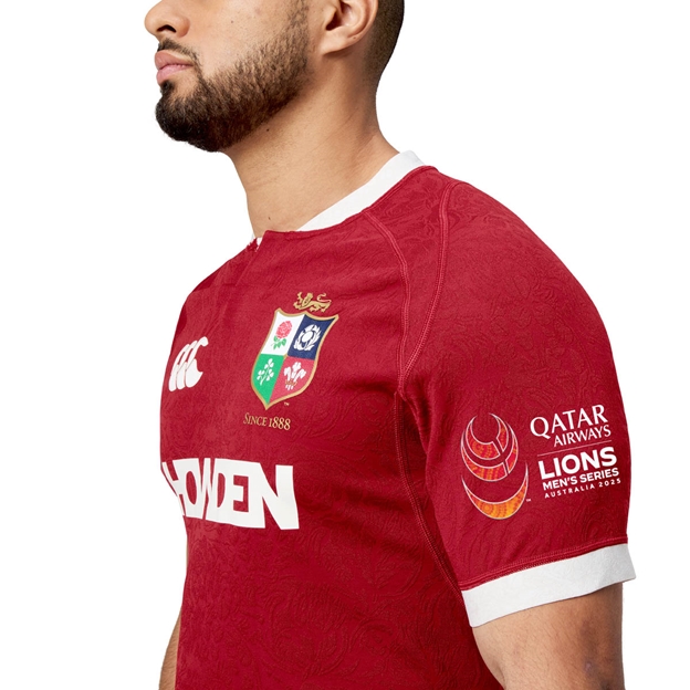British and Irish Lions Mens Players Rugby Shirt Red - Model Close-up Sleeve